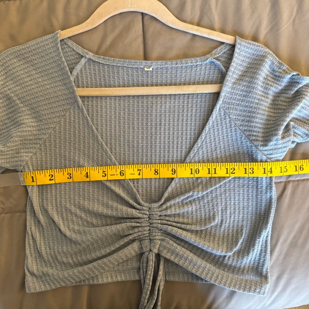Blue Ribbed cropped Tie-Front Top - Picture 4 of 5